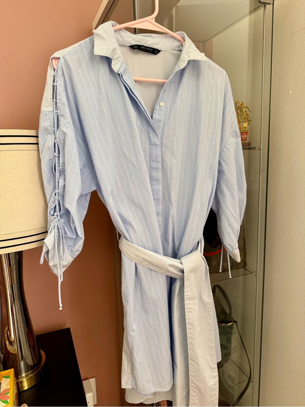 Zara Light Blue & White Pinstripe Button-Down Shirt Dress with Tie Belt